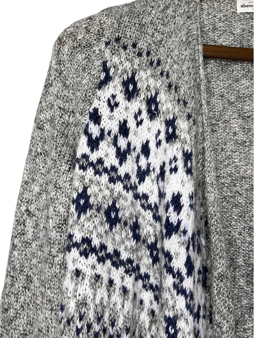 Abercrombie Kids Open Cardigan Sweater Grey Fair Isle Knit Draped Front Girls XL